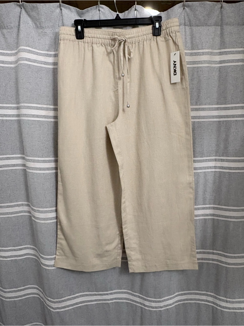 NWT DKNY Tan Linen/Viscose Blend Crop Wide Leg Pants Size M Pullon Elastic Waist